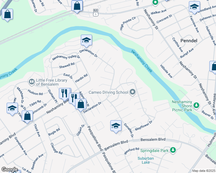 map of restaurants, bars, coffee shops, grocery stores, and more near 3229 Ethan Allen Court in Bensalem