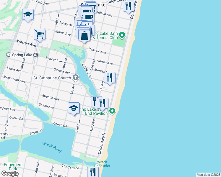 map of restaurants, bars, coffee shops, grocery stores, and more near 16 Sussex Avenue in Spring Lake