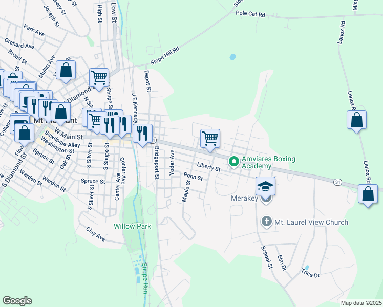 map of restaurants, bars, coffee shops, grocery stores, and more near 246 East Main Street in Mount Pleasant