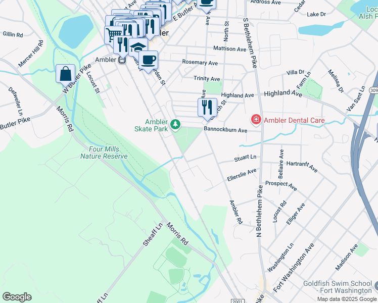 map of restaurants, bars, coffee shops, grocery stores, and more near 26 Church Street in Ambler