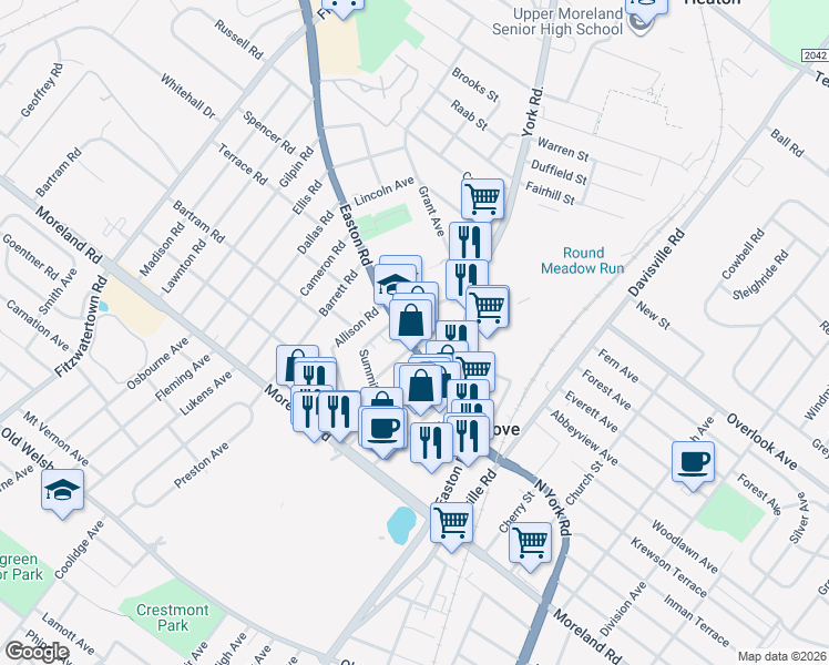 map of restaurants, bars, coffee shops, grocery stores, and more near 403 Pennsylvania 611 in Willow Grove