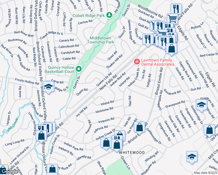 map of restaurants, bars, coffee shops, grocery stores, and more near 3 Indian Creek Way in Levittown