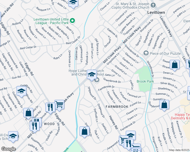 map of restaurants, bars, coffee shops, grocery stores, and more near 7522 Mill Creek Parkway in Levittown
