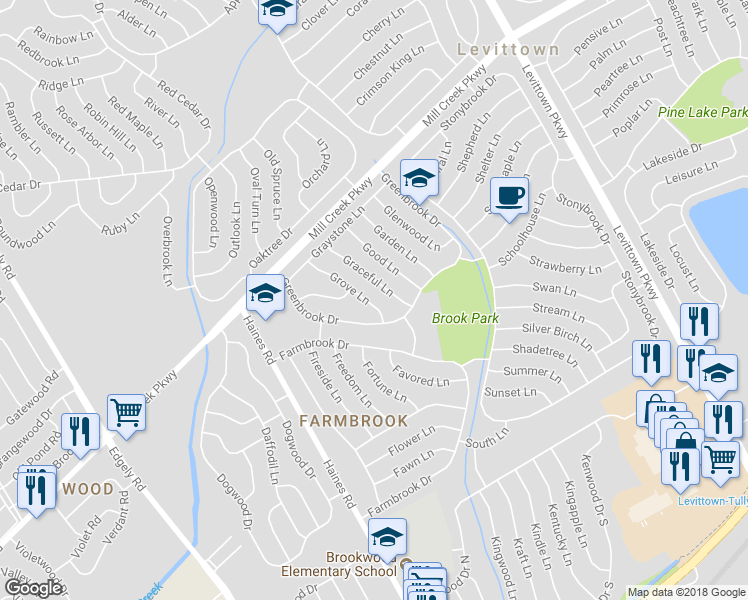 map of restaurants, bars, coffee shops, grocery stores, and more near 12 Grove Lane in Levittown