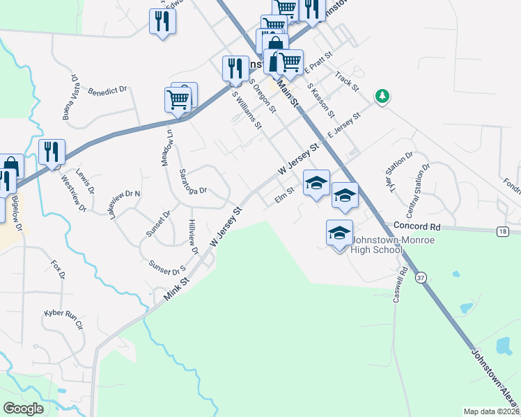 map of restaurants, bars, coffee shops, grocery stores, and more near 168 Elm Street in Johnstown
