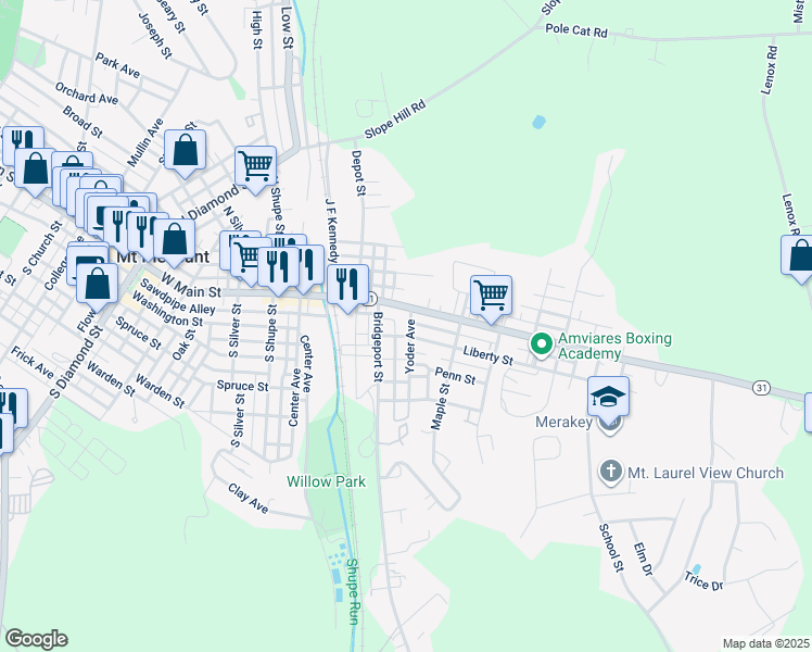 map of restaurants, bars, coffee shops, grocery stores, and more near 97 Yoder Avenue in Mount Pleasant