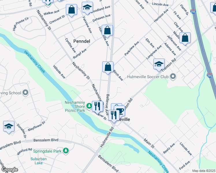map of restaurants, bars, coffee shops, grocery stores, and more near 906 Bellevue Avenue in Hulmeville