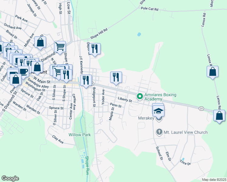 map of restaurants, bars, coffee shops, grocery stores, and more near 246 East Main Street in Mount Pleasant