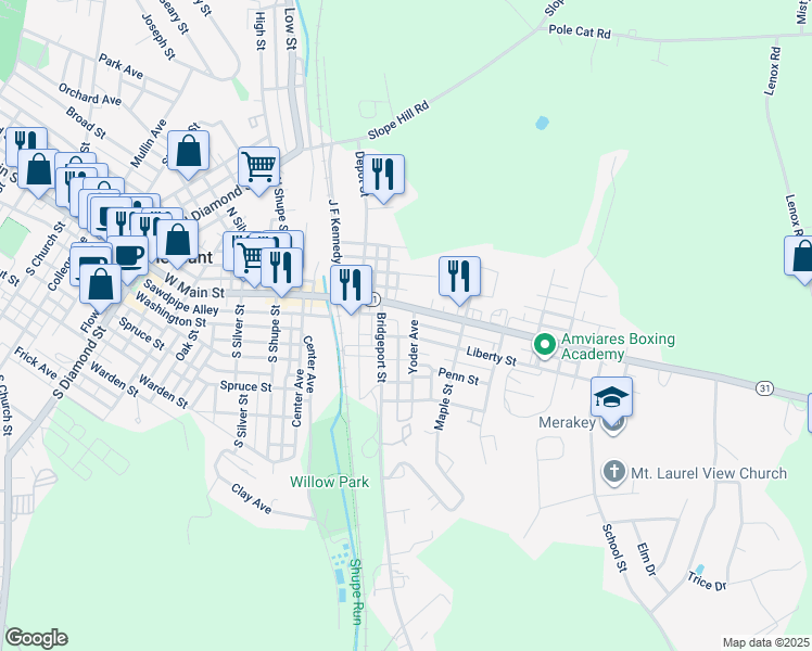 map of restaurants, bars, coffee shops, grocery stores, and more near 97 Yoder Avenue in Mount Pleasant