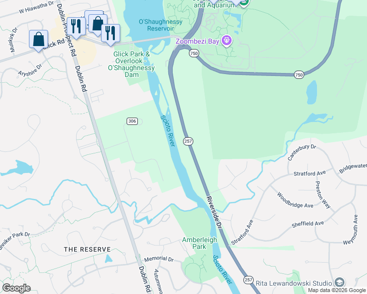 map of restaurants, bars, coffee shops, grocery stores, and more near 10500 Riverside Drive in Powell