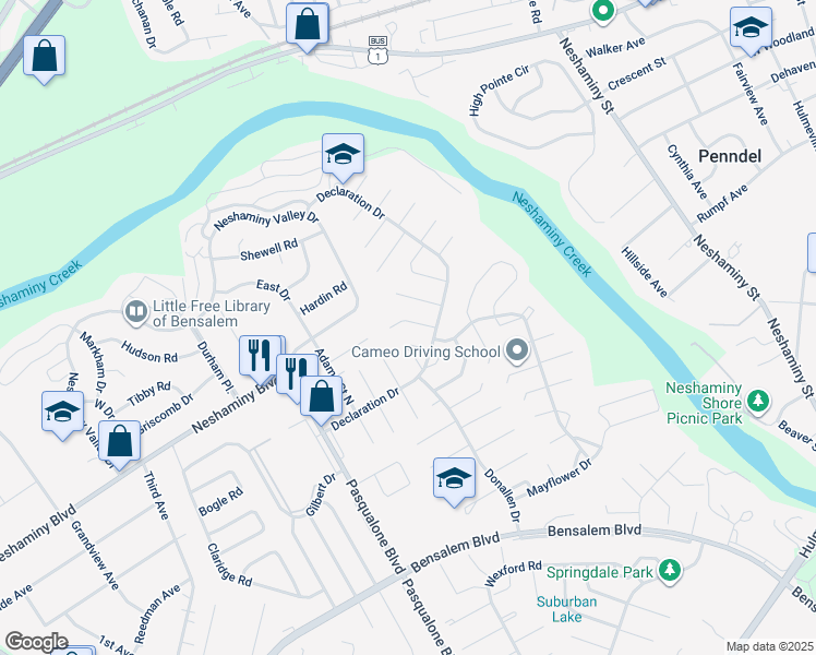 map of restaurants, bars, coffee shops, grocery stores, and more near 3229 Ethan Allen Court in Bensalem