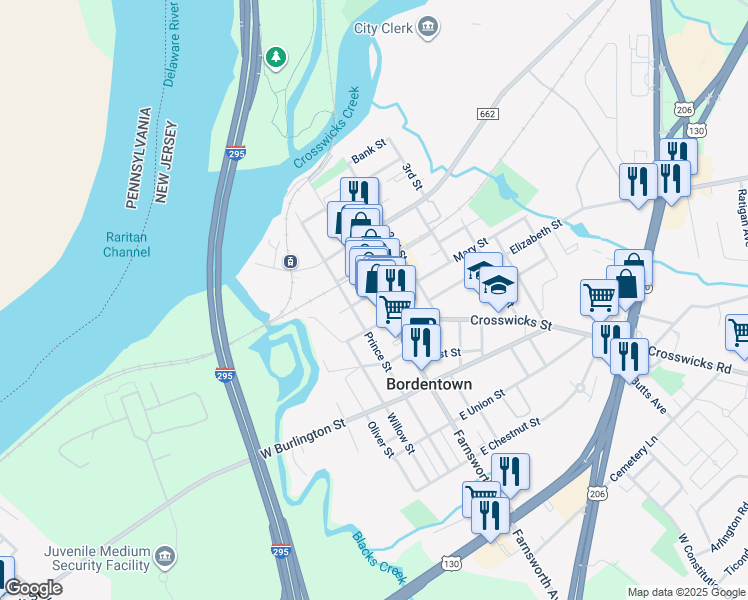 map of restaurants, bars, coffee shops, grocery stores, and more near 11 East Church Street in Bordentown
