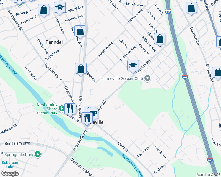map of restaurants, bars, coffee shops, grocery stores, and more near 182 Trenton Road in Hulmeville