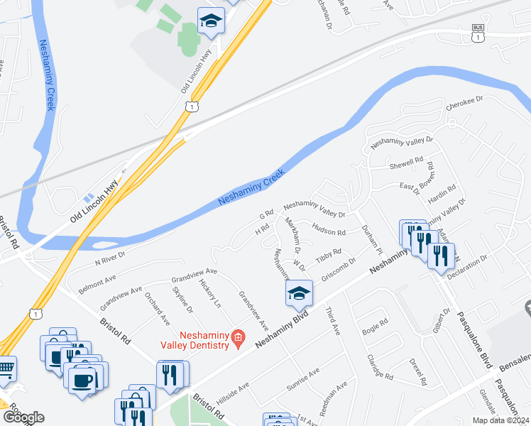 map of restaurants, bars, coffee shops, grocery stores, and more near G Road in Bensalem