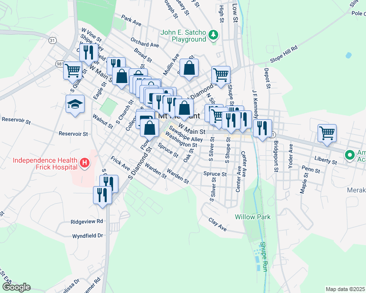 map of restaurants, bars, coffee shops, grocery stores, and more near 10 South Hitchman Street in Mount Pleasant