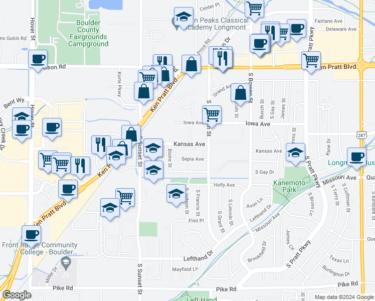 map of restaurants, bars, coffee shops, grocery stores, and more near 1516 Sepia Avenue in Longmont