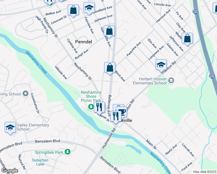 map of restaurants, bars, coffee shops, grocery stores, and more near 906 Bellevue Avenue in Hulmeville