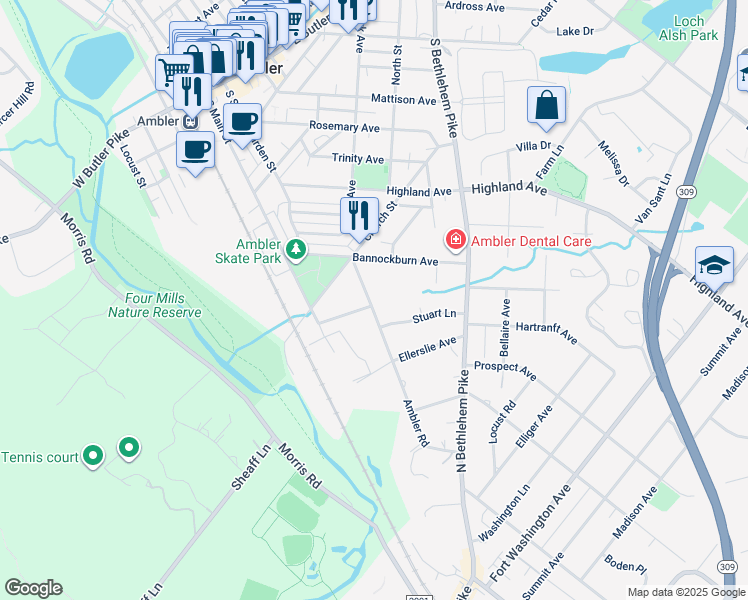 map of restaurants, bars, coffee shops, grocery stores, and more near 100 Ambler Road in Ambler