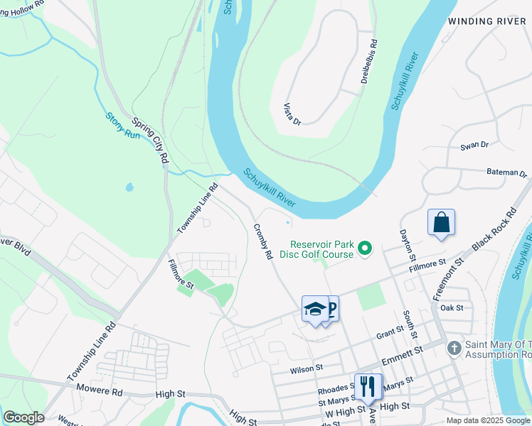 map of restaurants, bars, coffee shops, grocery stores, and more near 7 Water Street in Phoenixville