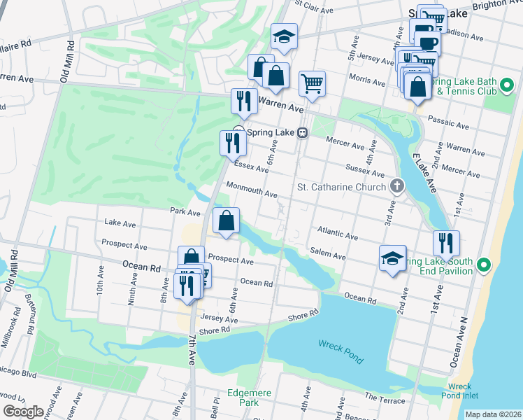 map of restaurants, bars, coffee shops, grocery stores, and more near 607 Monmouth Avenue in Spring Lake
