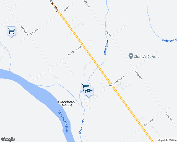 map of restaurants, bars, coffee shops, grocery stores, and more near 24125 Craig Creek Lane in Red Bluff