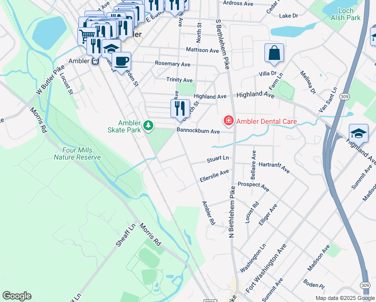 map of restaurants, bars, coffee shops, grocery stores, and more near 100 Ambler Road in Ambler
