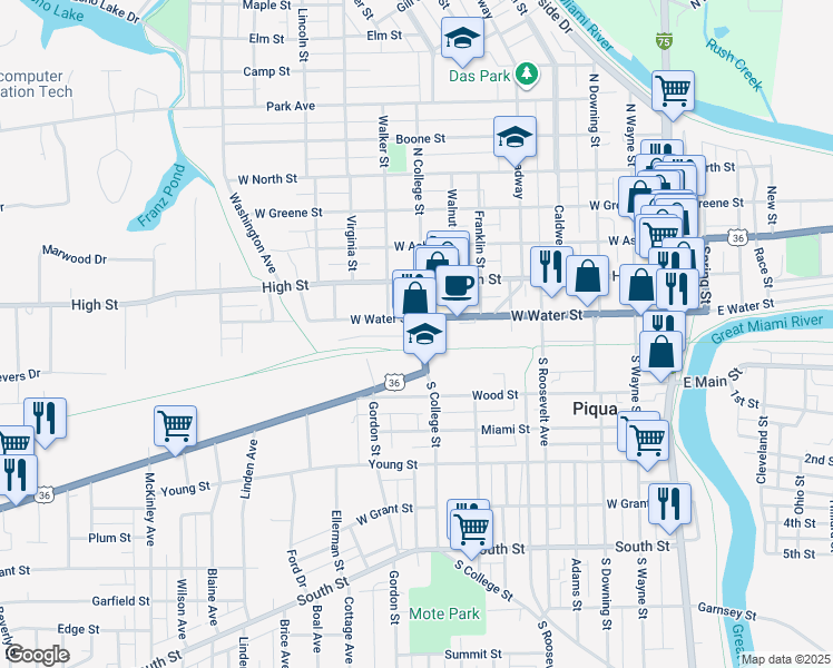 map of restaurants, bars, coffee shops, grocery stores, and more near 650 West Water Street in Piqua