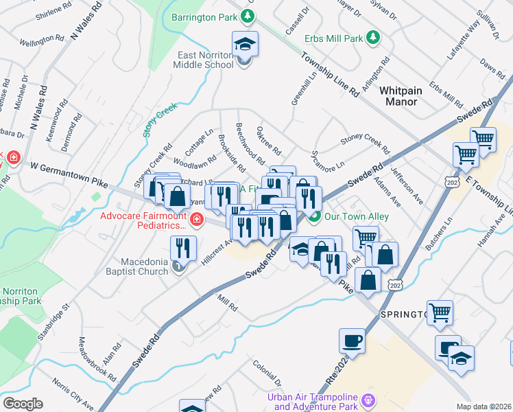 map of restaurants, bars, coffee shops, grocery stores, and more near 206 Bryans Road in Norristown