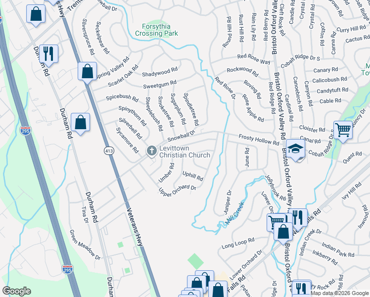 map of restaurants, bars, coffee shops, grocery stores, and more near 71 Upland Road in Levittown