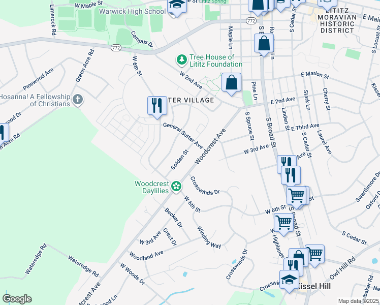 map of restaurants, bars, coffee shops, grocery stores, and more near 509 West Marion Street in Lititz
