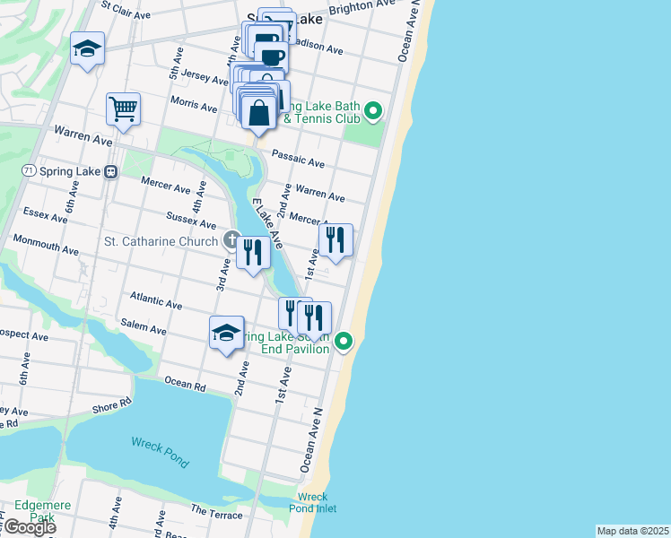 map of restaurants, bars, coffee shops, grocery stores, and more near 700 Ocean Avenue in Spring Lake