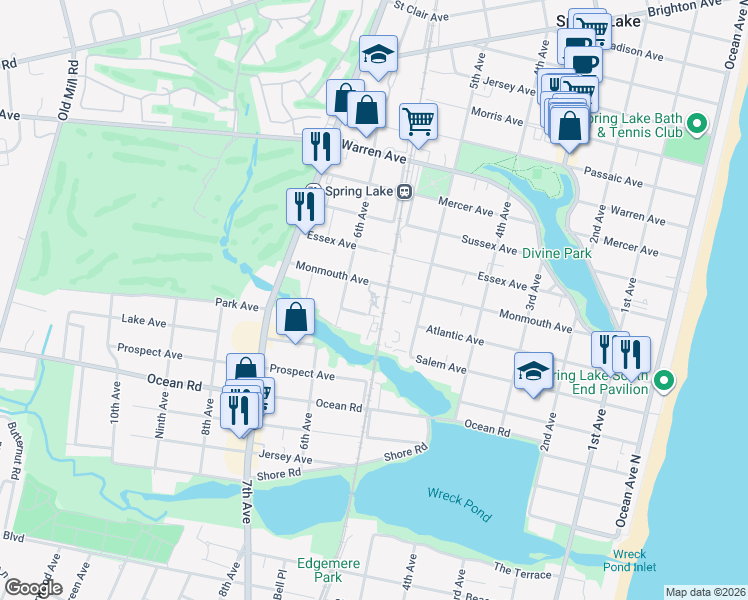 map of restaurants, bars, coffee shops, grocery stores, and more near 555 Monmouth Avenue in Spring Lake