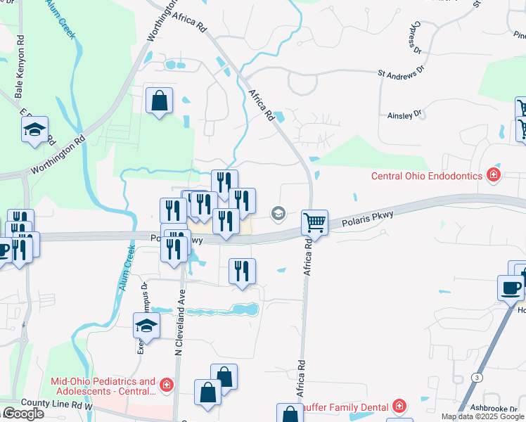 map of restaurants, bars, coffee shops, grocery stores, and more near 400 Polaris Parkway in Westerville