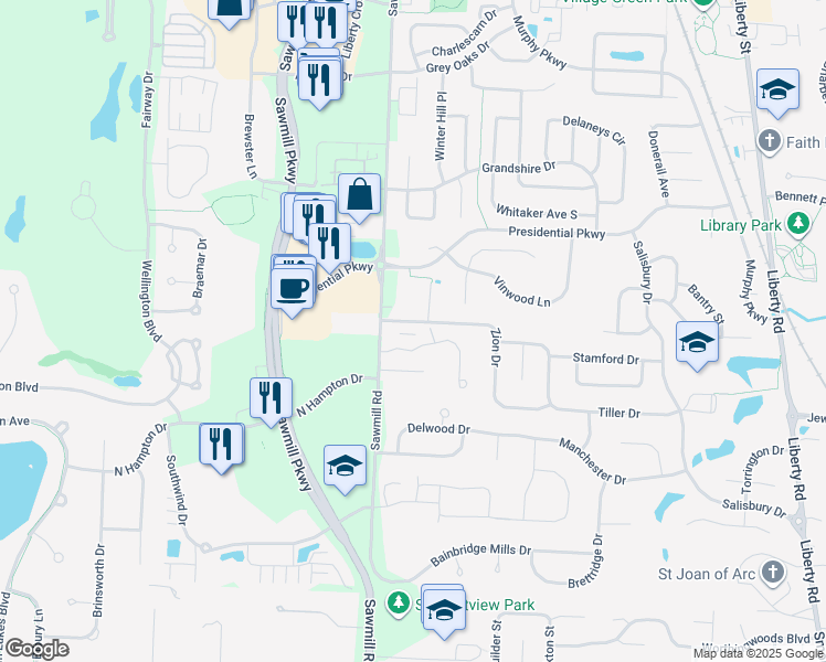 map of restaurants, bars, coffee shops, grocery stores, and more near 10299 Sawmill Road in Powell