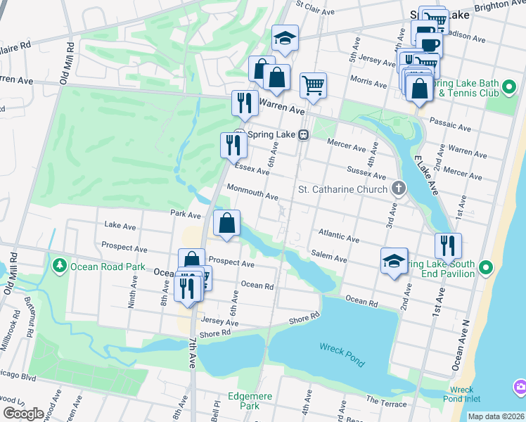 map of restaurants, bars, coffee shops, grocery stores, and more near 607 Monmouth Avenue in Spring Lake