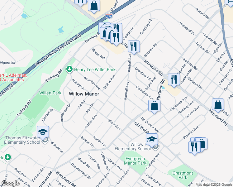 map of restaurants, bars, coffee shops, grocery stores, and more near 1816 North Hills Avenue in Willow Grove
