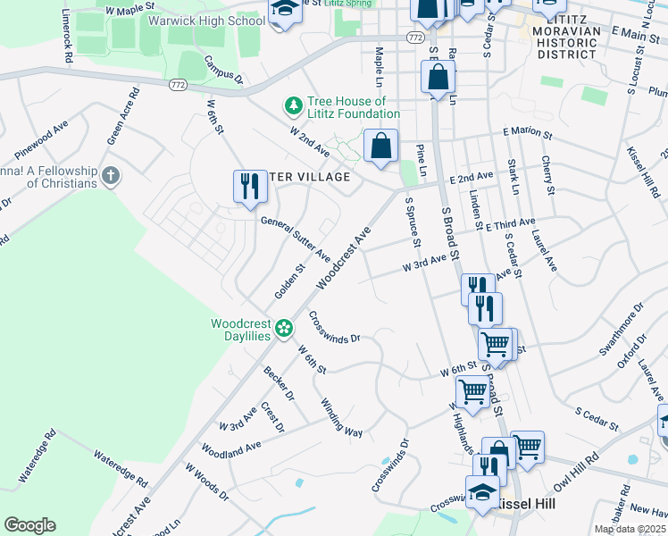 map of restaurants, bars, coffee shops, grocery stores, and more near 500 Woodcrest Avenue in Lititz