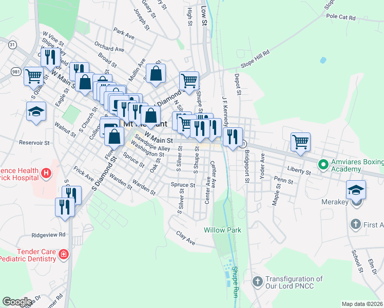 map of restaurants, bars, coffee shops, grocery stores, and more near 208 Washington Street in Mount Pleasant