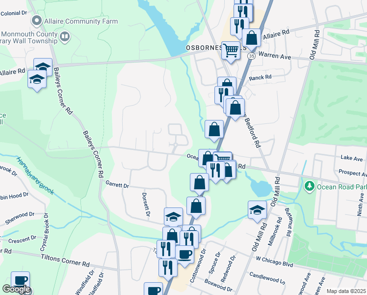 map of restaurants, bars, coffee shops, grocery stores, and more near 2037 Oceanbrook Drive in Wall Township