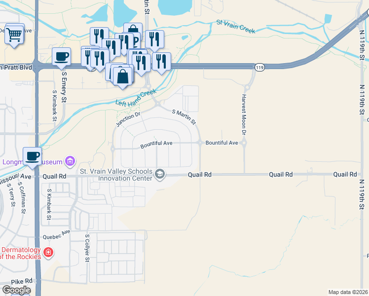 map of restaurants, bars, coffee shops, grocery stores, and more near 26 Goldmoss Place in Longmont