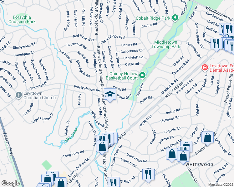 map of restaurants, bars, coffee shops, grocery stores, and more near 27 Cobalt Ridge Drive South in Levittown