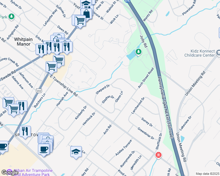 map of restaurants, bars, coffee shops, grocery stores, and more near 1705 Glenn Lane in Blue Bell