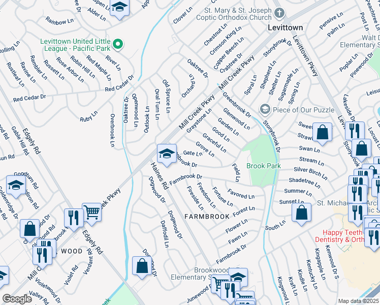 map of restaurants, bars, coffee shops, grocery stores, and more near 21 Gate Lane in Levittown