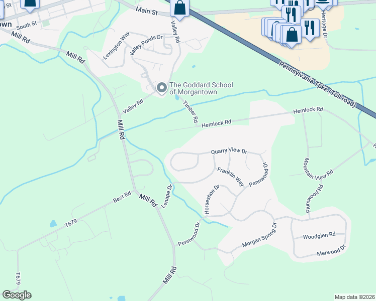 map of restaurants, bars, coffee shops, grocery stores, and more near 14 Quarry View Drive in Morgantown