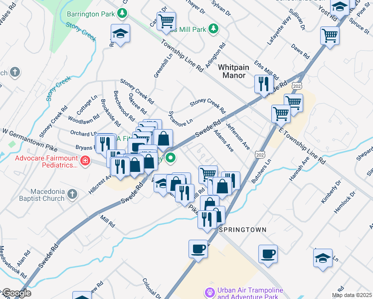 map of restaurants, bars, coffee shops, grocery stores, and more near 12 Trent Lane in Norristown