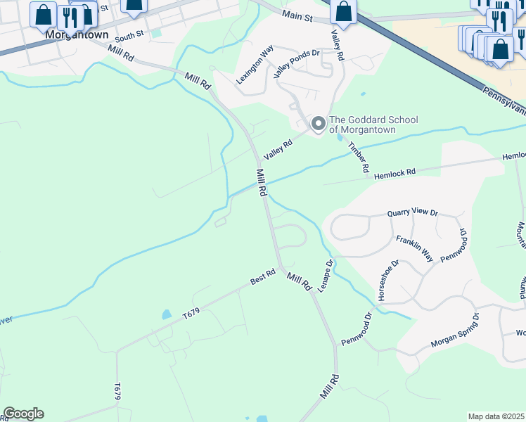 map of restaurants, bars, coffee shops, grocery stores, and more near 230 Mill Road in Morgantown