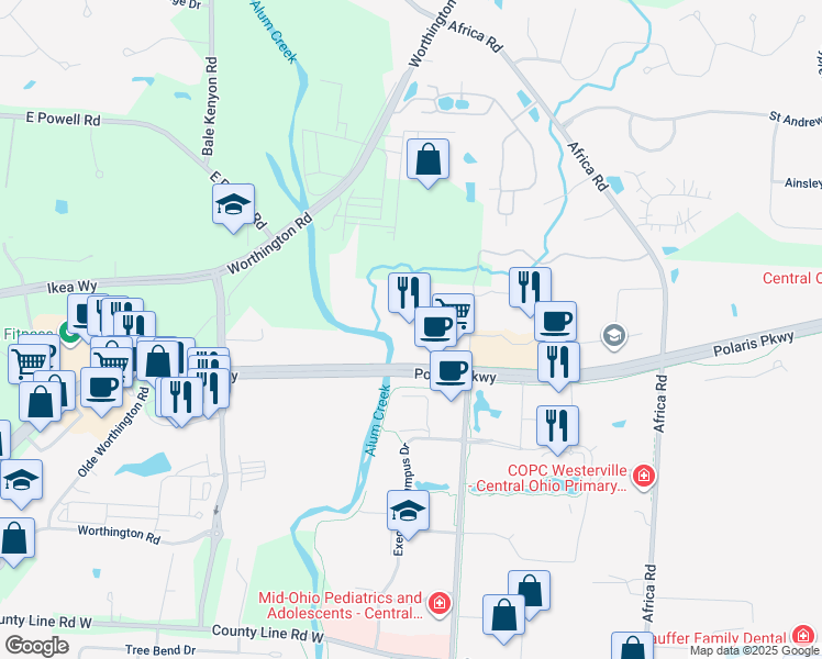 map of restaurants, bars, coffee shops, grocery stores, and more near 570 Polaris Parkway in Westerville