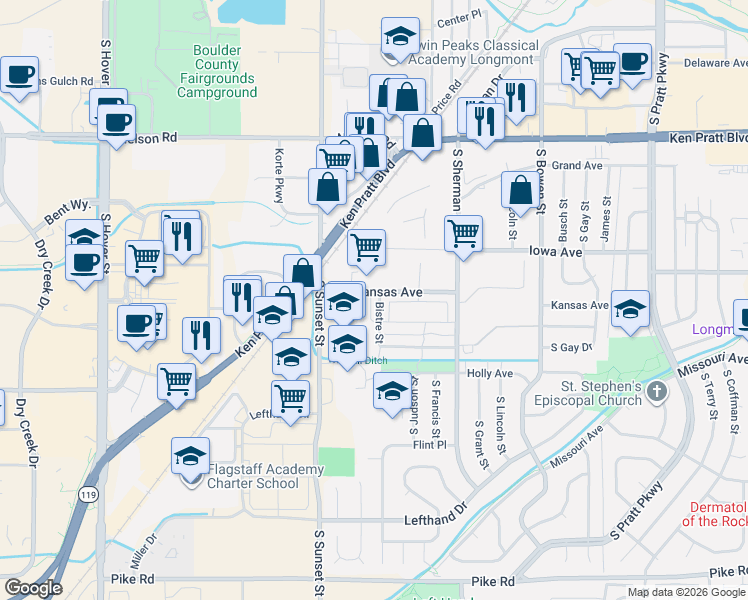 map of restaurants, bars, coffee shops, grocery stores, and more near 1209 Bistre Street in Longmont