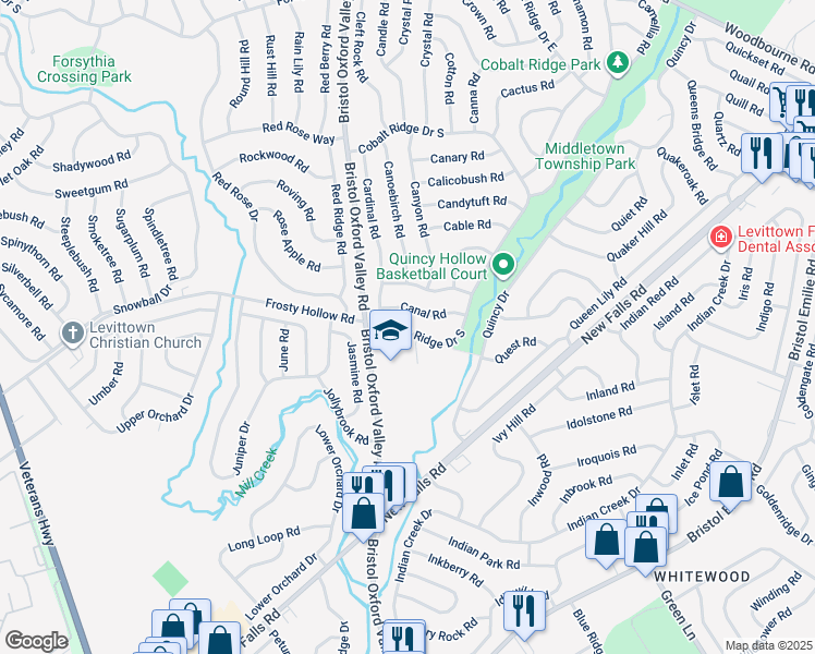 map of restaurants, bars, coffee shops, grocery stores, and more near 27 Cobalt Ridge Drive South in Levittown
