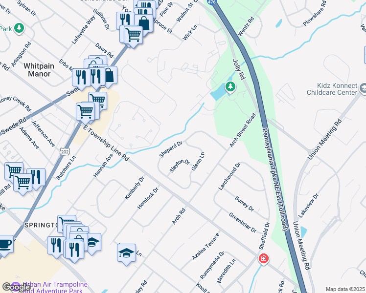 map of restaurants, bars, coffee shops, grocery stores, and more near 1705 Glenn Lane in Blue Bell